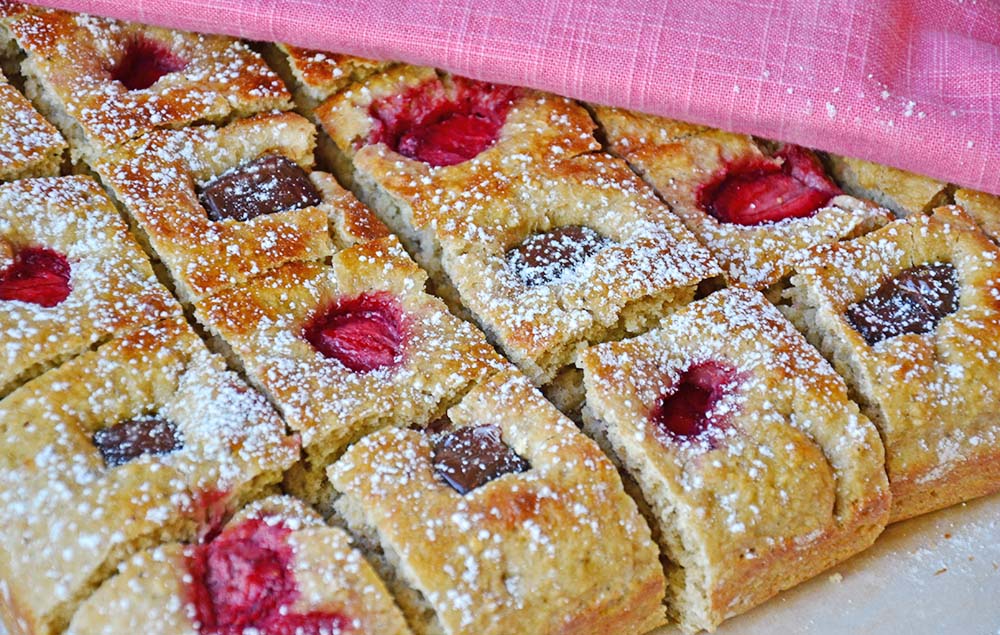 Healthier strawberry & chocolate focaccia
