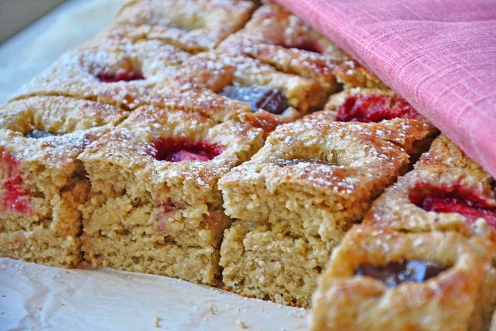 Healthier strawberry & chocolate focaccia