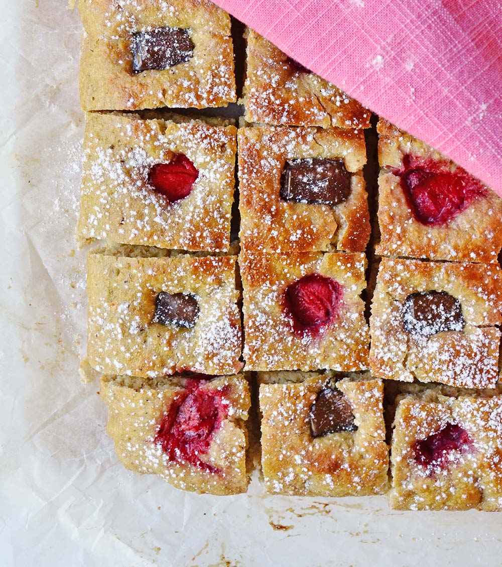 Healthier strawberry & chocolate focaccia