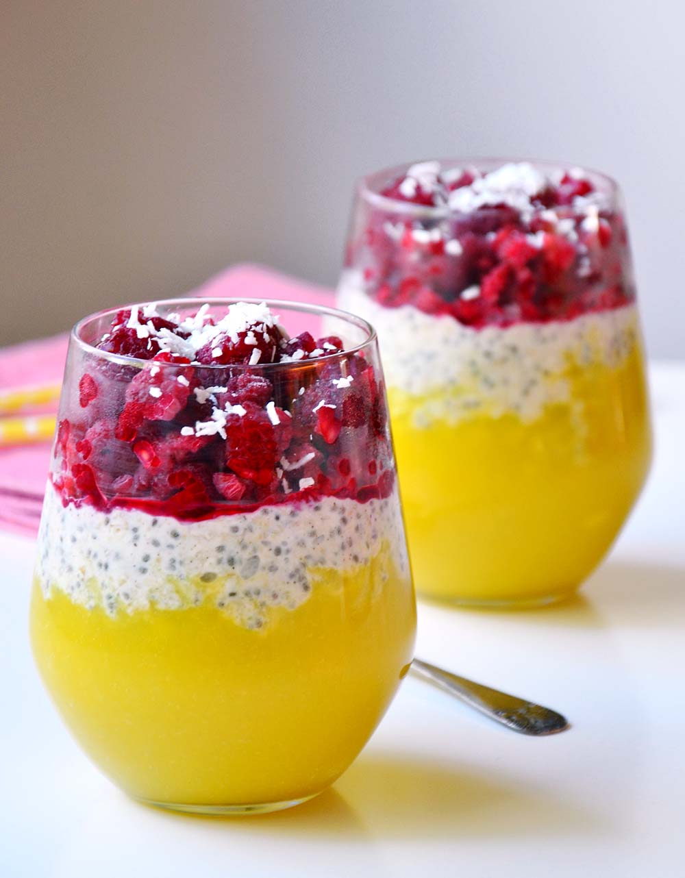 Protein overnight oats with mango and raspberries