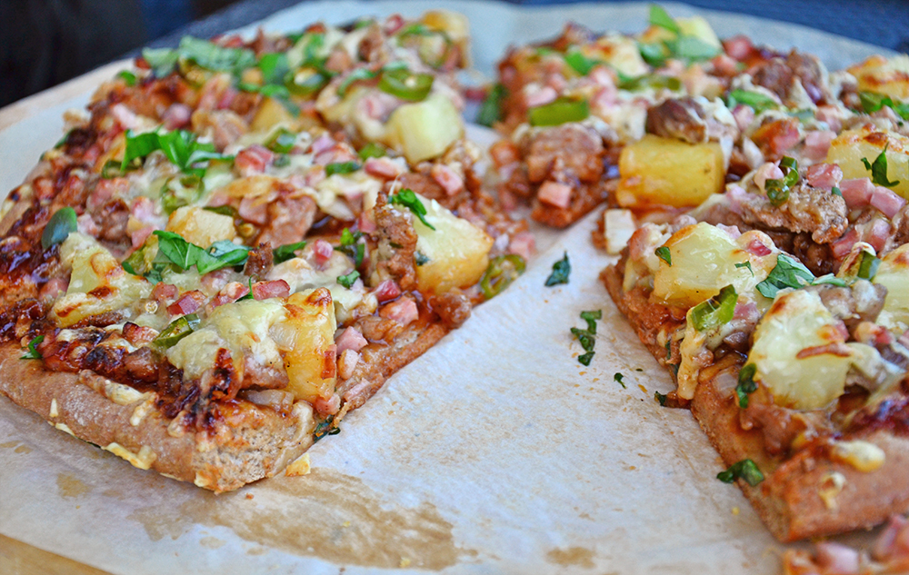 BBQ, Pork, Bacon and Pineapple pizza