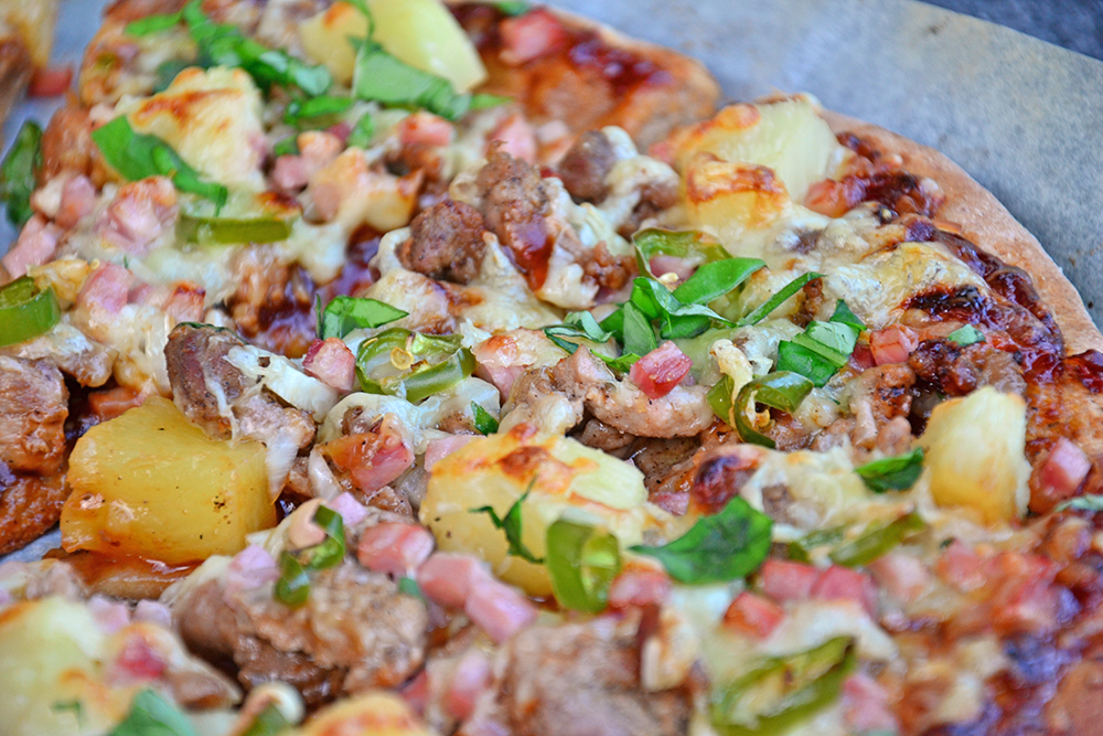 BBQ, Pork, Bacon and Pineapple pizza