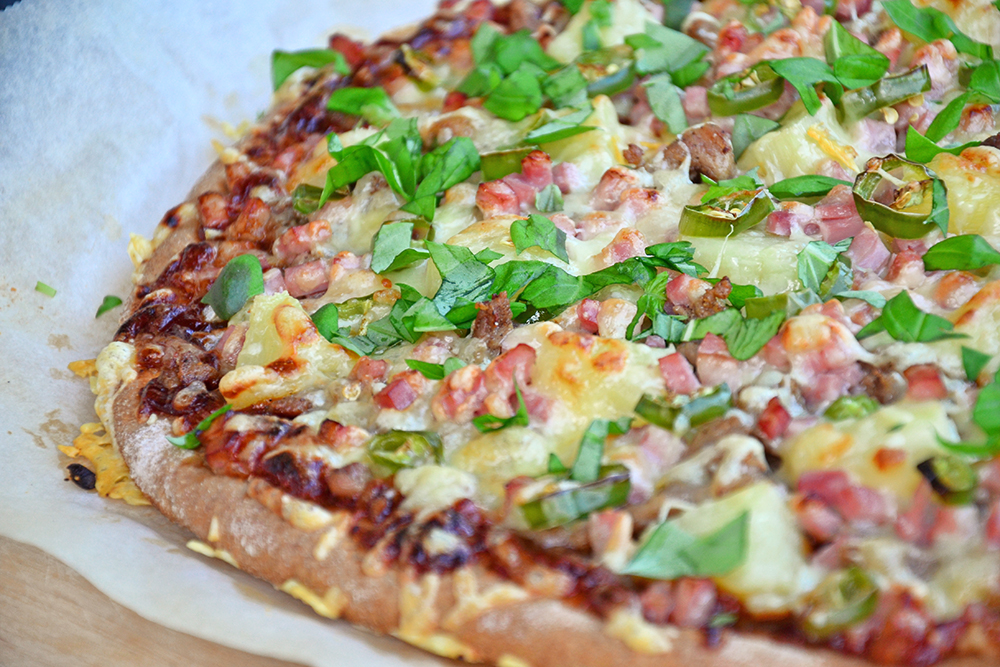 BBQ, Pork, Bacon and Pineapple pizza