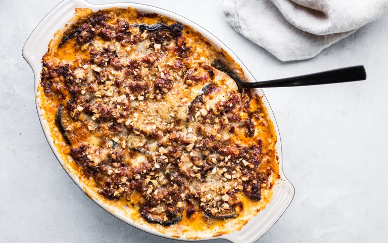 Auberginegrateng med kjøttdeig