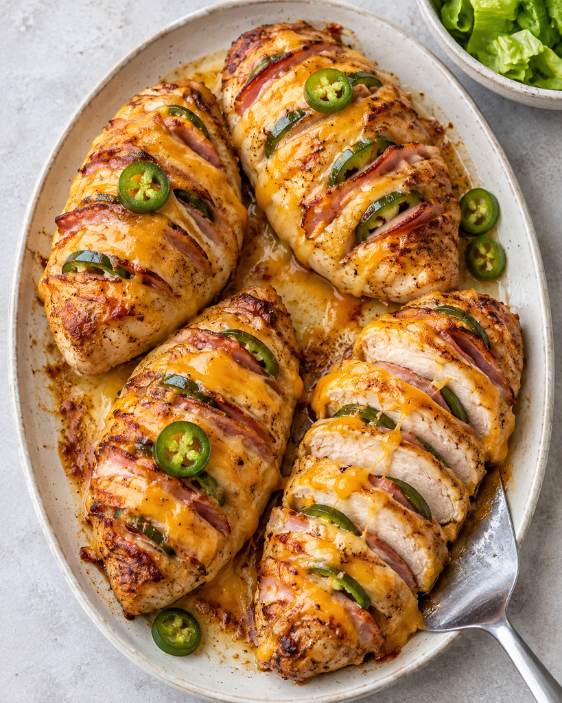 Hasselbackkylling med ost, skinke og jalapeño på lyst serveringsfat