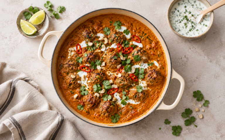 Lammekjøttboller i indisk curry servert med ris