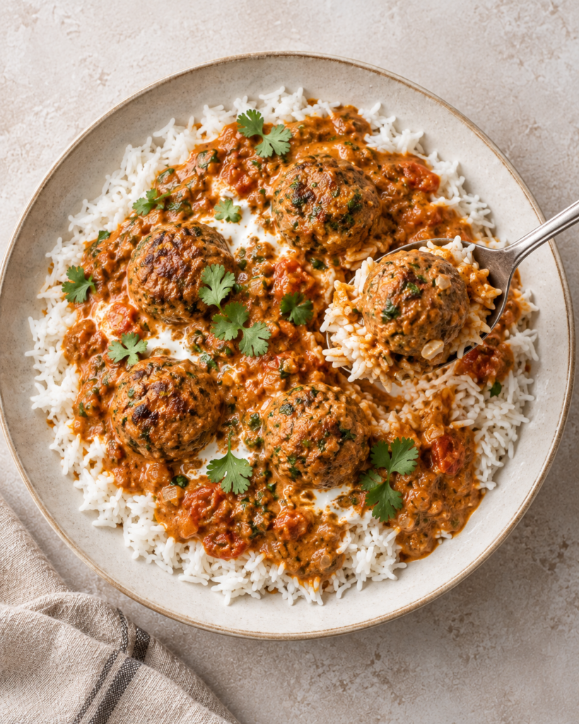 Lammekjøttboller i indisk curry servert med ris