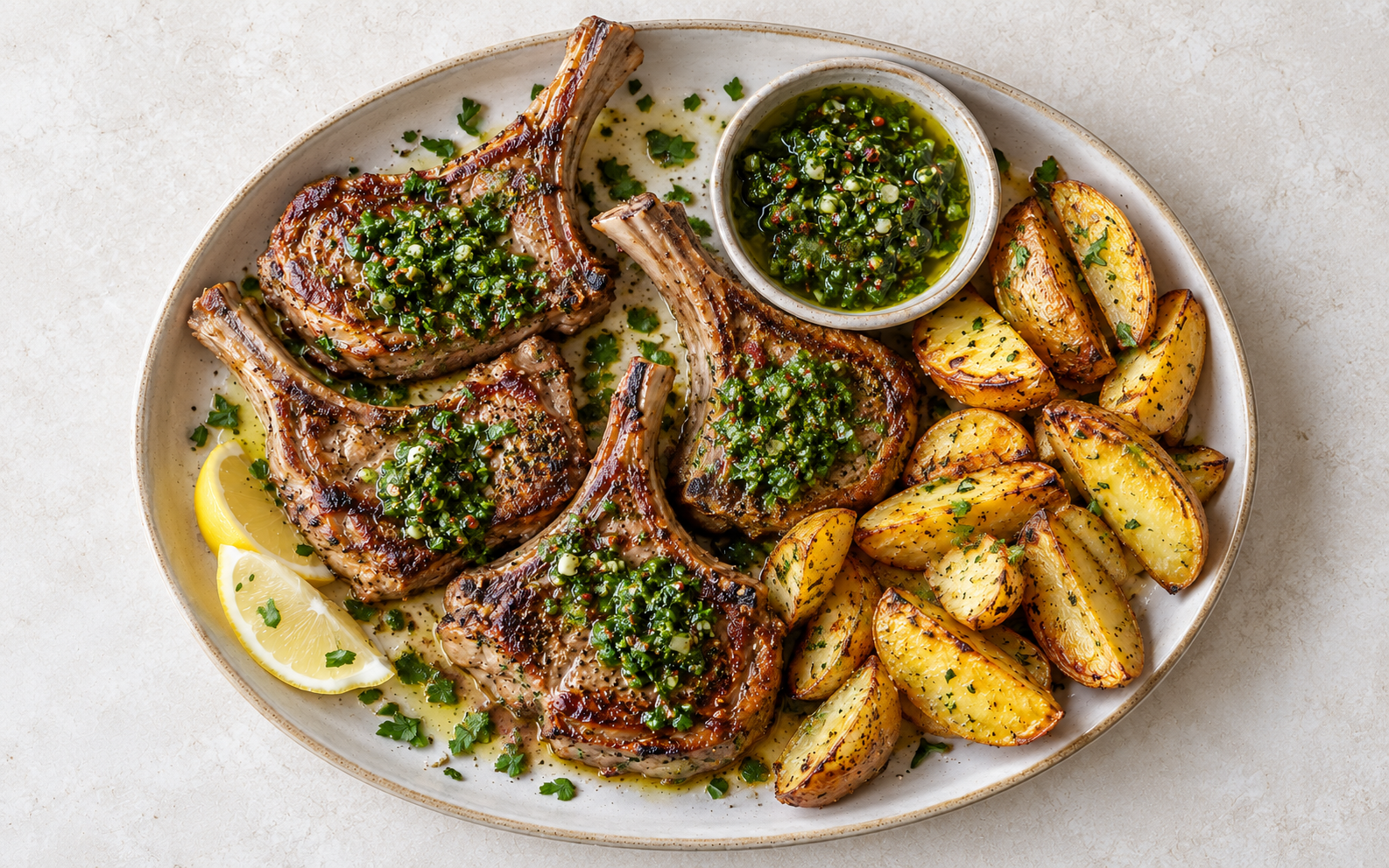 Lammekoteletter med chimichurri og sprø båtpoteter