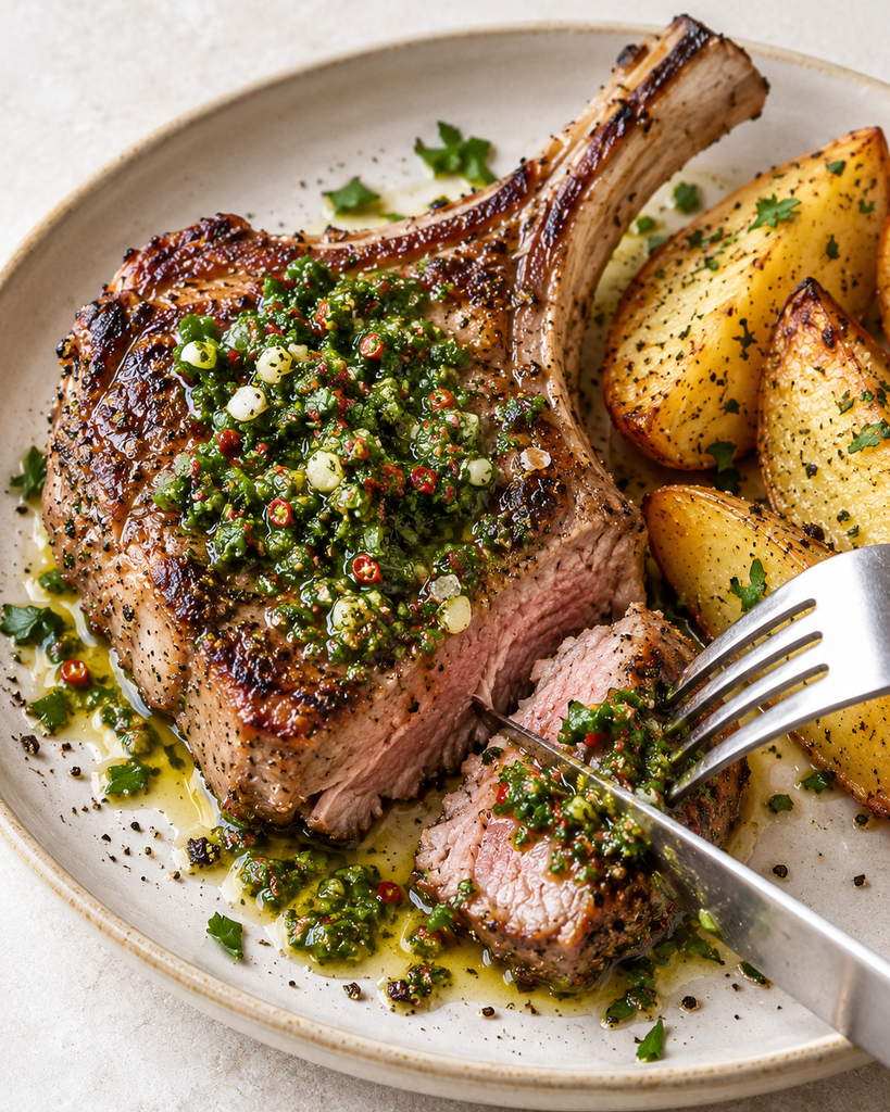Stekte lammekoteletter med chimichurri og ovnsbakte båtpoteter