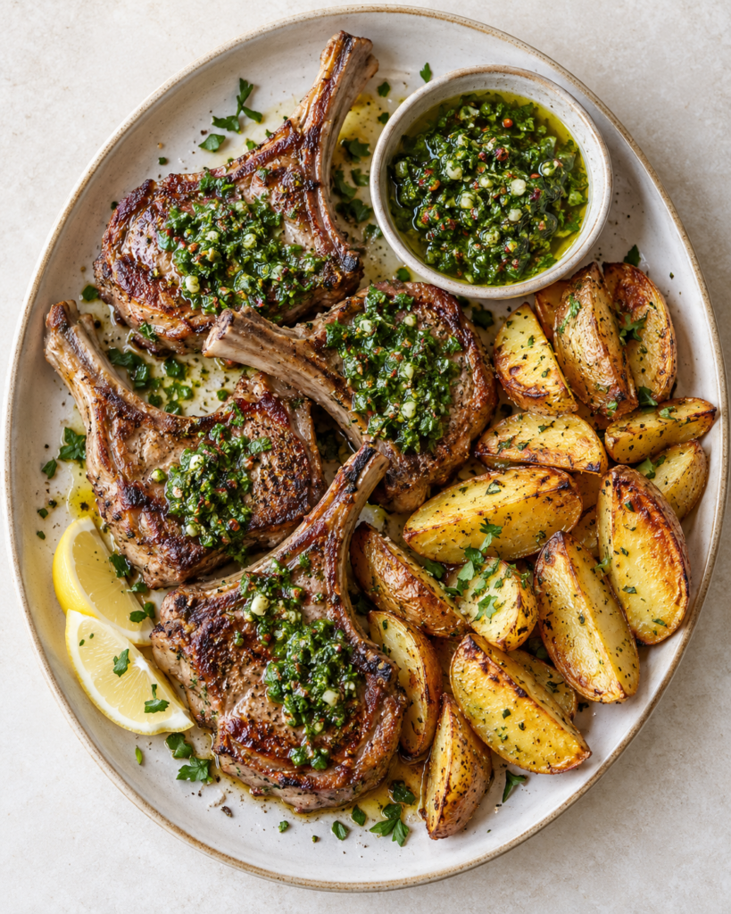 Lammekoteletter med chimichurri og sprø båtpoteter