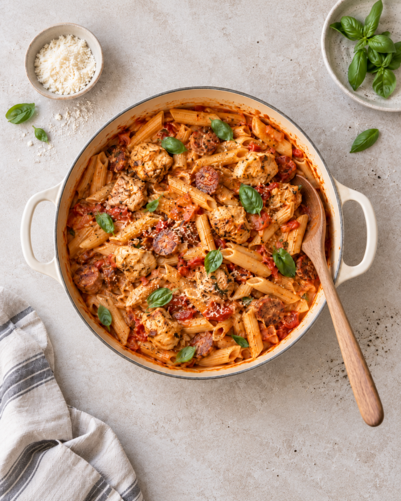 One pot pasta med kylling og pølse i kremet tomatsaus