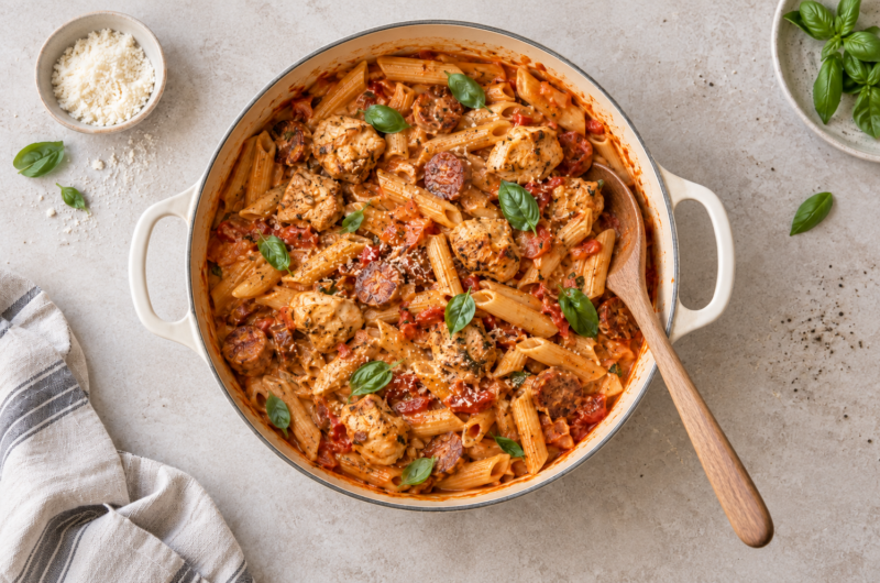 One pot pasta med kylling og pølse