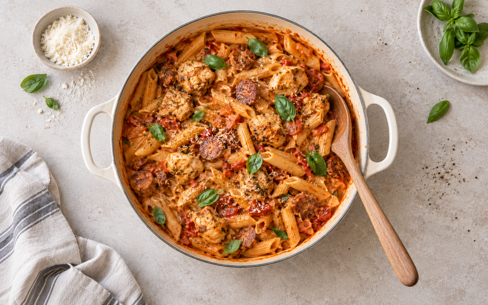 One pot pasta med kylling og pølse