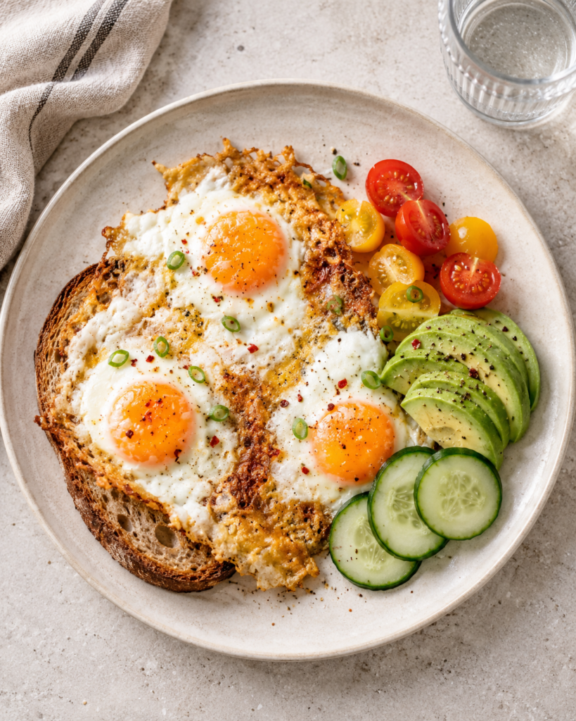 Speilegg med sprøstekt ost, avokado og tomater