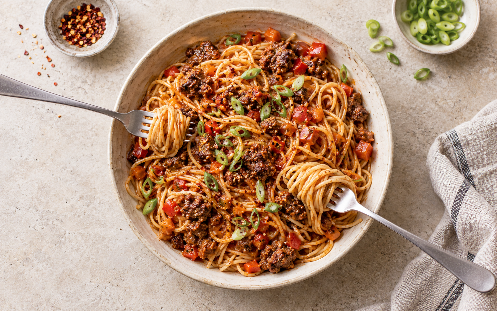 Spicy spaghetti med kjøttdeig og grønnsaker