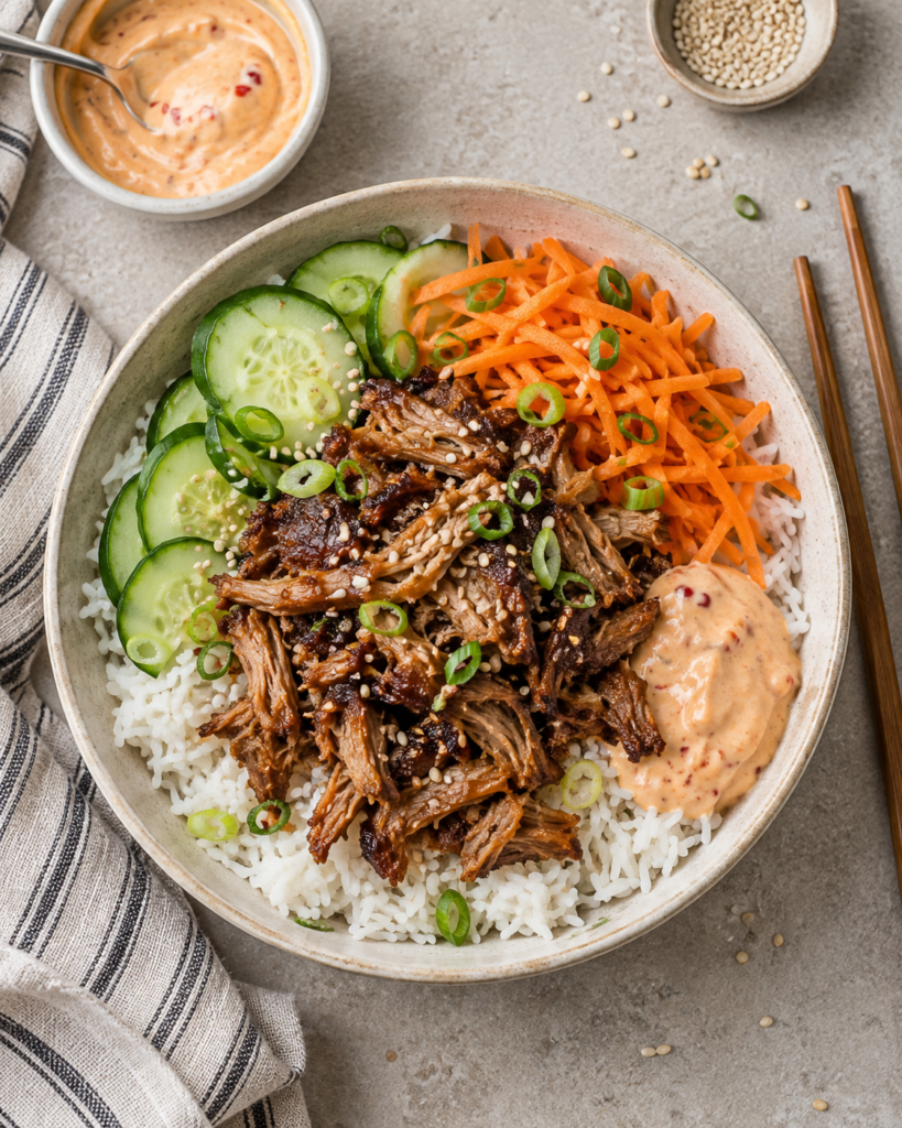 Asiatisk pulled pork-bowl med ris, agurk, gulrot og sticky soyasaus