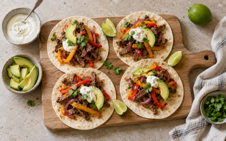 Biff-fajitas med paprika, rødløk, avocado og lime