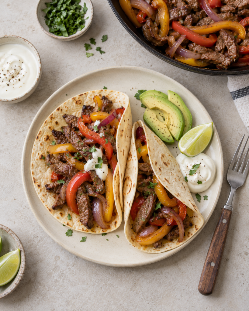 Biff-fajitas med paprika, rødløk, avocado og lime