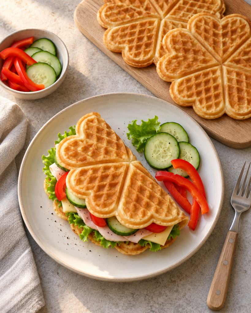 Brødvaffel med ost, skinke, agurk og paprika til matpakke