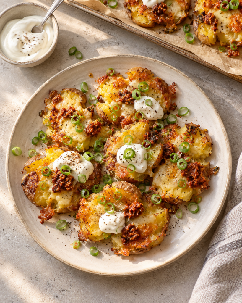 Alt-tekst: Servering av crispy smashed potatoes med ost toppet med rømme og vårløk
