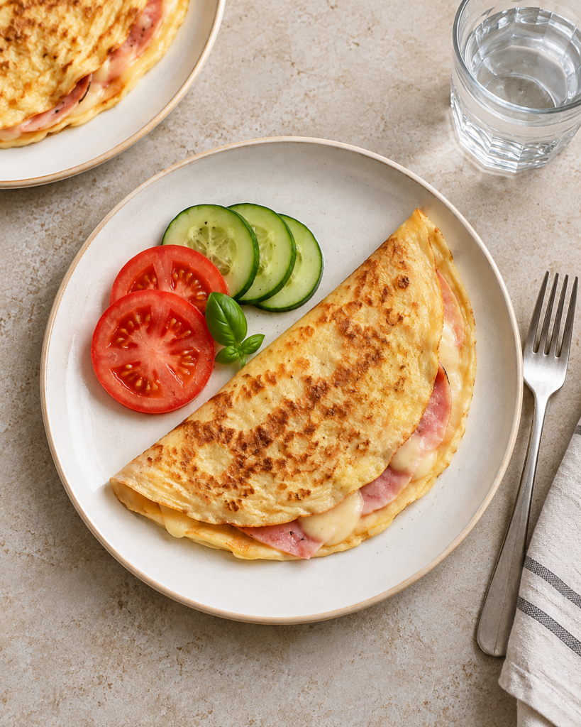 Egg crêpes med ost og skinke på to tallerkener, fotografert ovenfra i lyst, skandinavisk uttrykk.