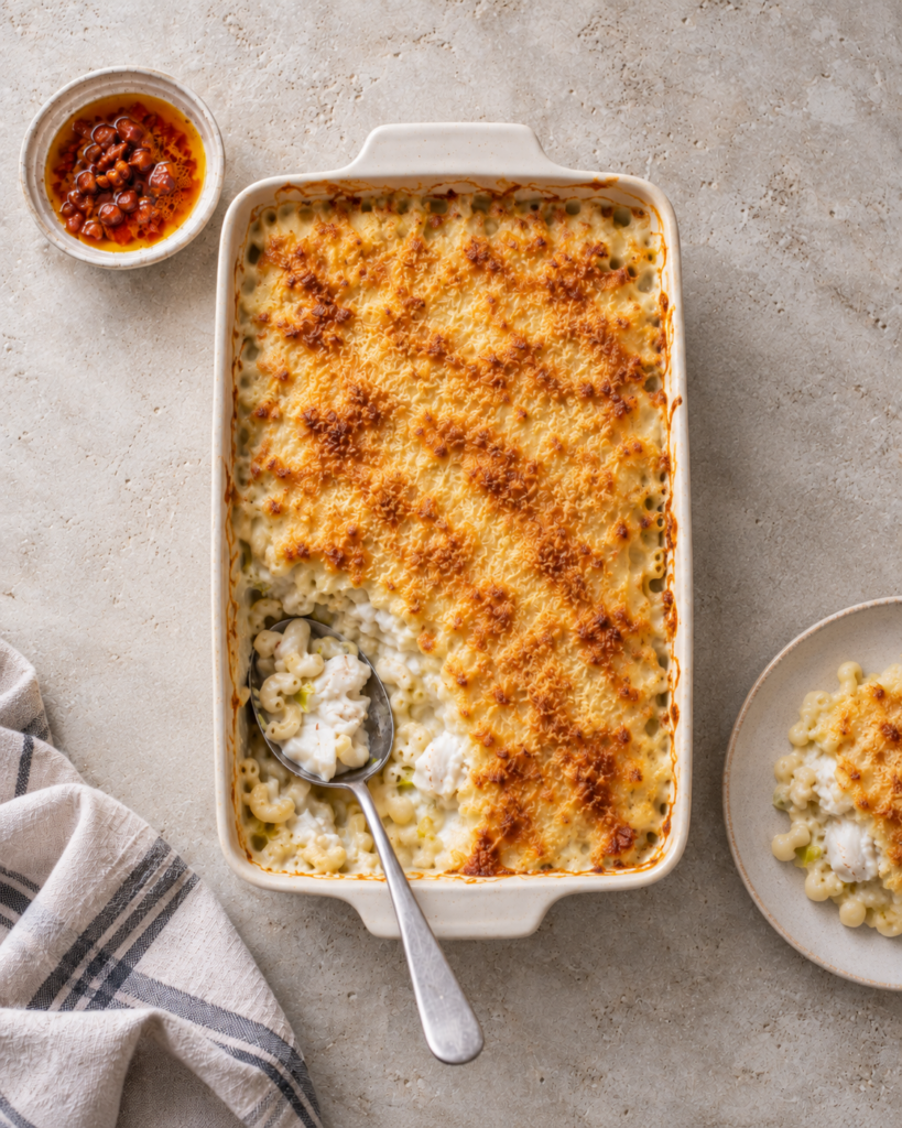 Fiskegrateng med torsk, makaroni og sprø parmesan-topping