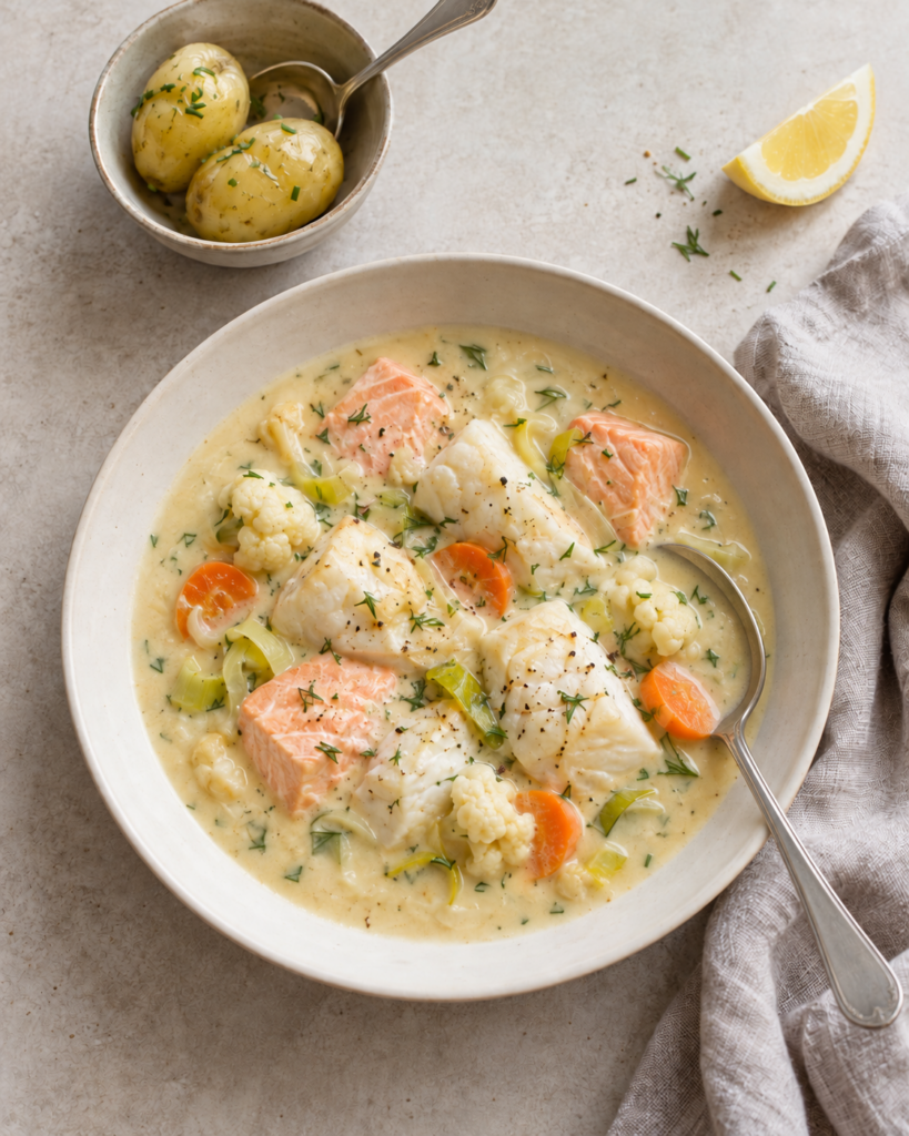 Kremet fiskegryte med torsk, laks, gulrot, purre og blomkål