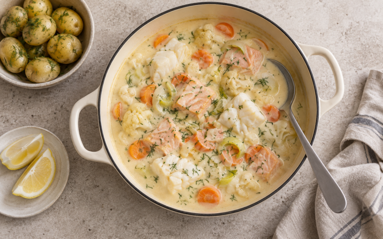 Kremet fiskegryte med torsk, laks, gulrot, purre og blomkål