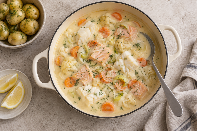 Kremet fiskegryte med torsk og laks