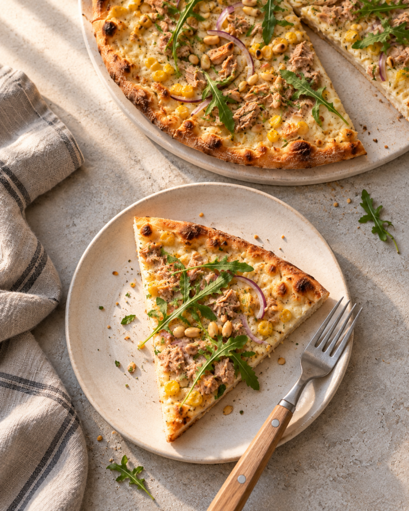 Nystekt hvit pizza med tunfisk og grønnsaker på fat