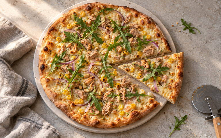 Hvit pizza med tunfisk, rødløk, mais, spinat og ost