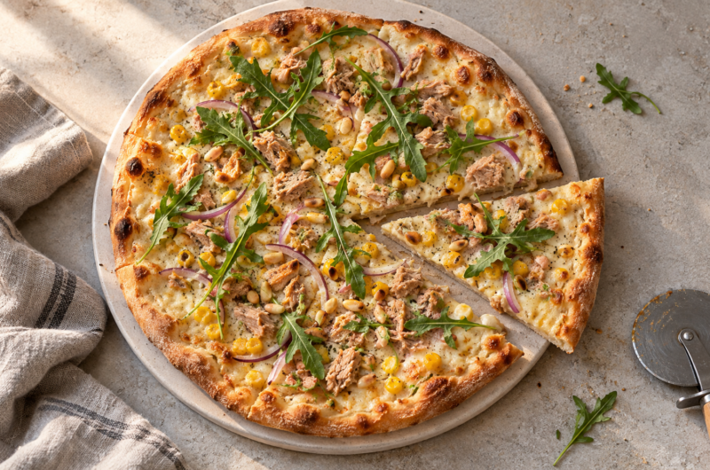 Hvit pizza med tunfisk, rødløk og mais