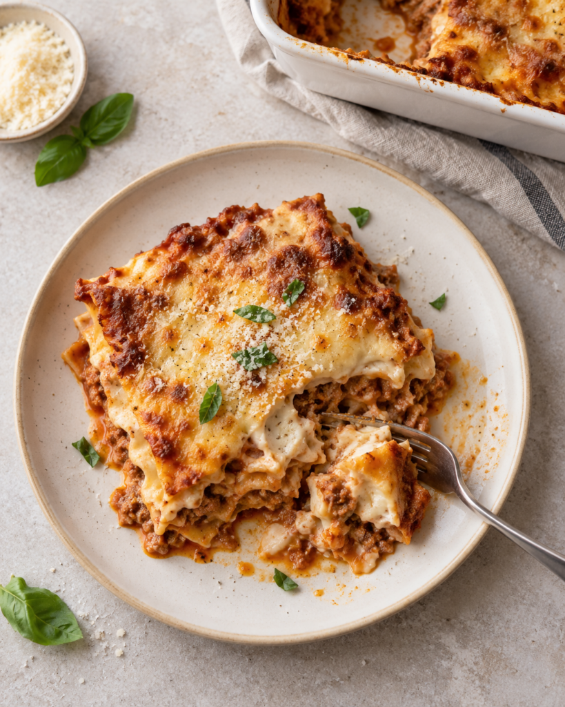Klassisk lasagne med kjøttsaus, béchamelsaus og gyllen ost