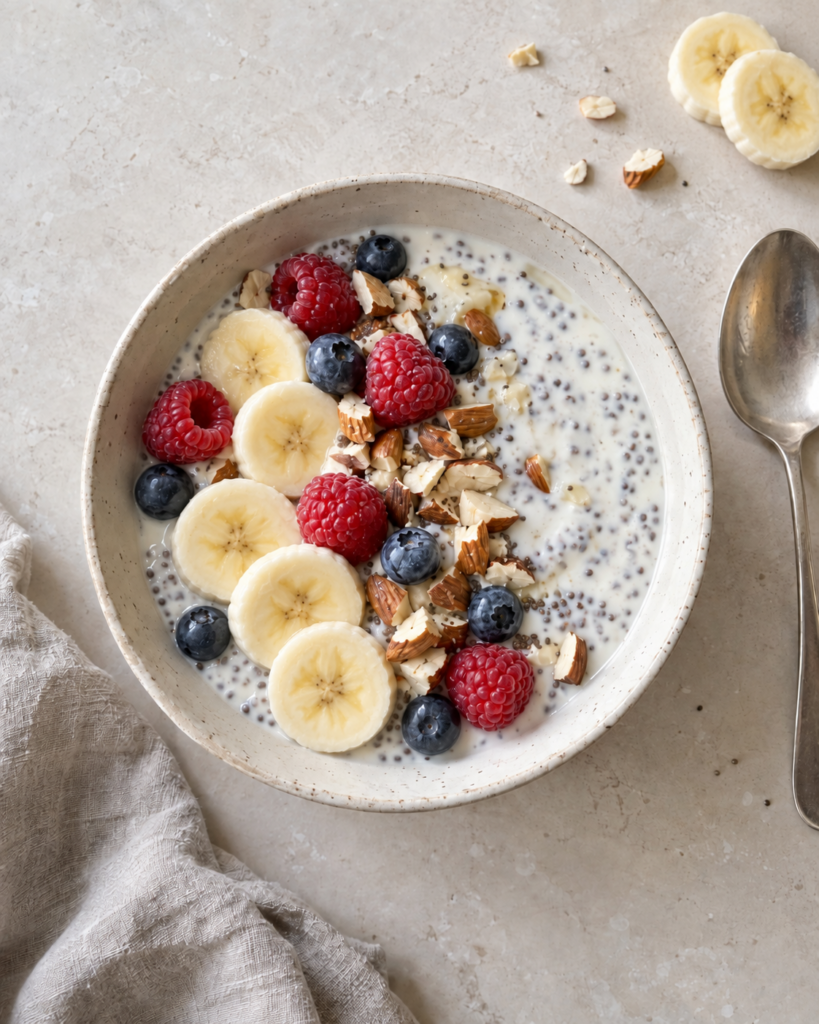 Kremet kefirskål med gresk yoghurt, chiafrø, banan og bær