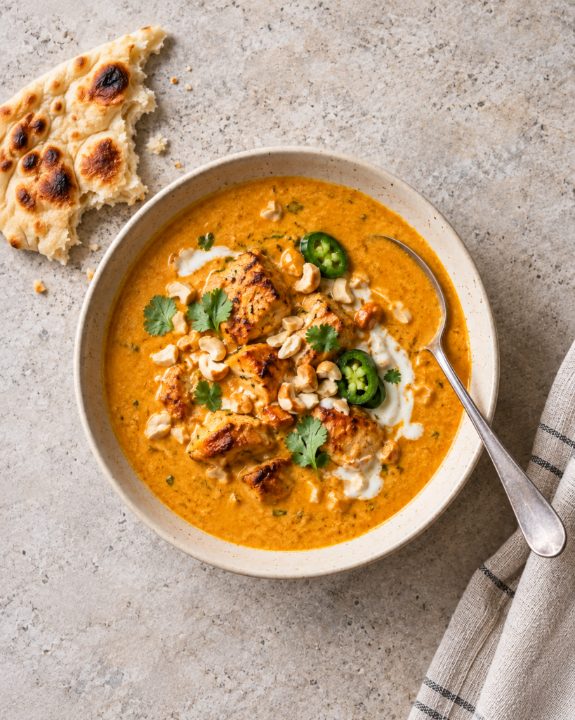 Kremet tikka masala-suppe med kylling, koriander og jalapeño