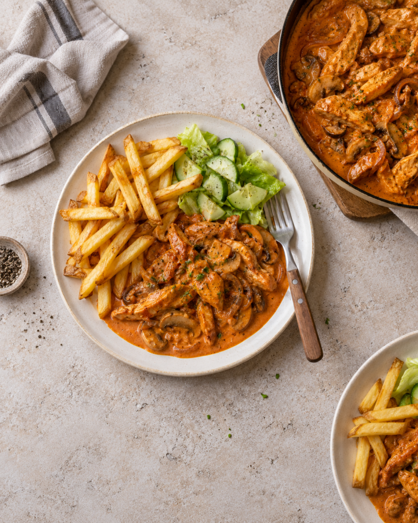 Tallerken med kyllingstrimler i kremet paprikasaus, pommes frites og grønn salat