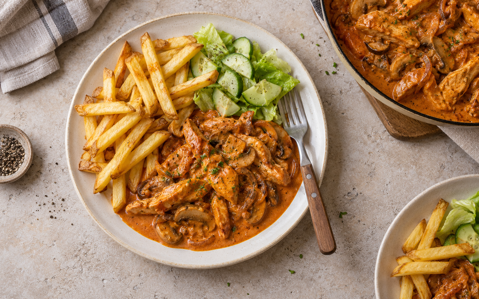 Kylling med pommes frites og kremet paprikasaus