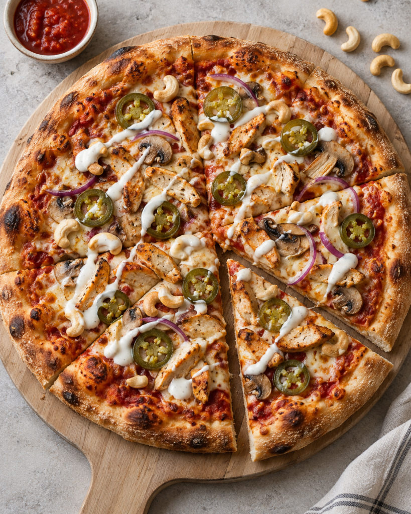 Kyllingpizza med jalapeños og cashewnøtter på langtidshevet pizzabunn servert på trefjøl