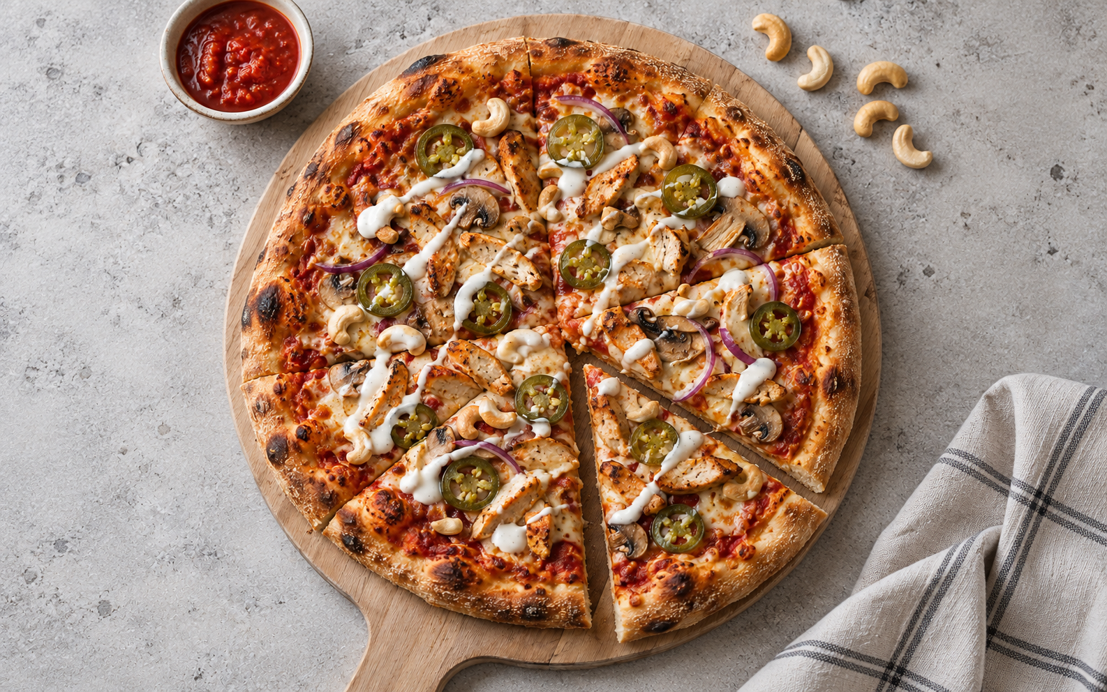 Kyllingpizza med jalapeños og cashewnøtter på langtidshevet pizzabunn servert på trefjøl