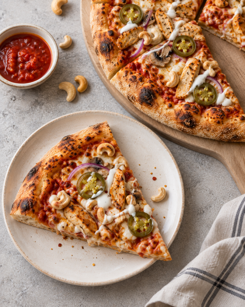 Kyllingpizza med jalapeños og cashewnøtter på langtidshevet pizzabunn servert på trefjøl