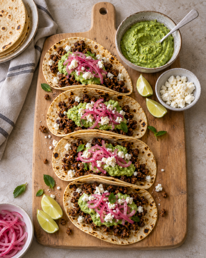Lammetaco med lammekjøttdeig, erte- og myntekrem, syltet rødløk og feta