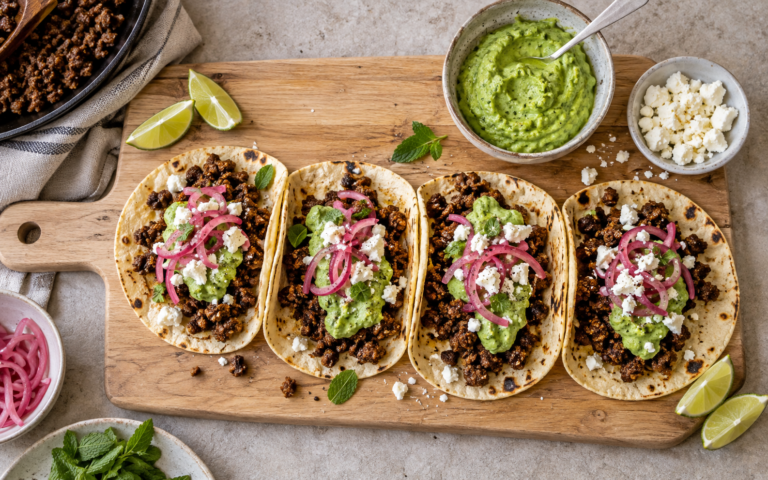 Lammetaco med lammekjøttdeig, erte- og myntekrem, syltet rødløk og feta