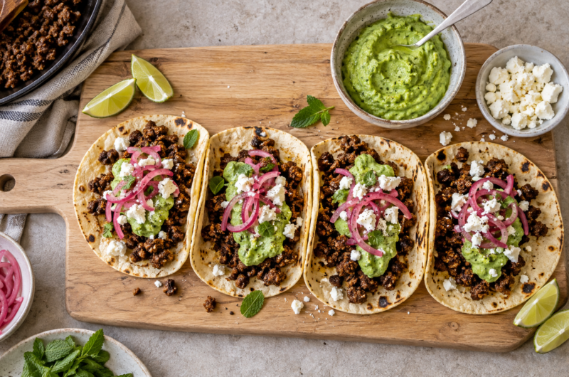 Lammetaco med erte- og myntekrem og feta