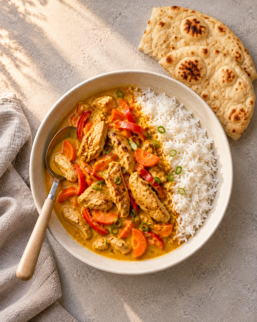 Mild kyllingcurry med kokosmelk, paprika og jasminris