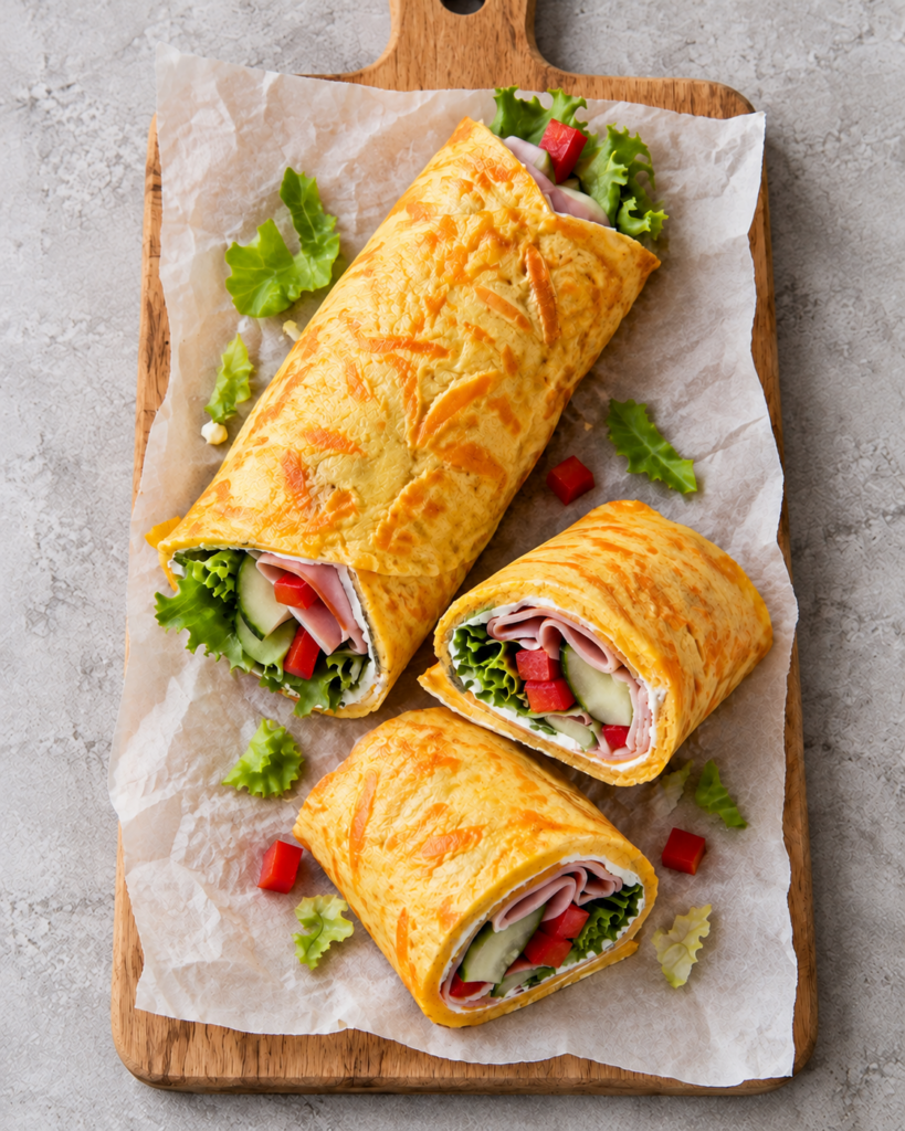 Omelettrull med gulrot fylt med skinke, kremost og grønnsaker