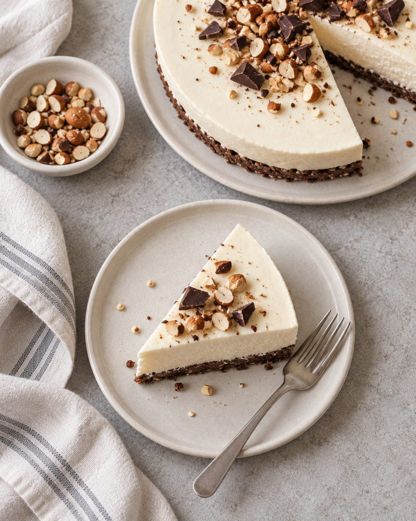 Ostekake med cottage cheese, sjokoladebunn og ristede mandler