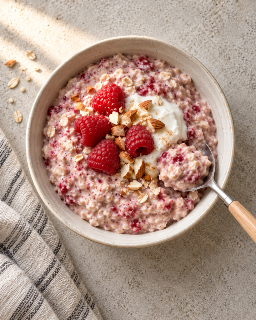 Kremet overnight oats med bringebær toppet med yoghurt og mandler