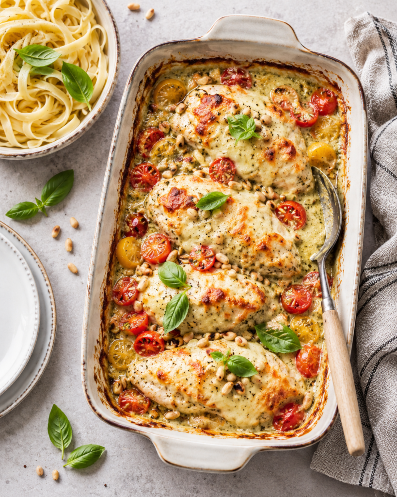 Ovnsbakt kylling med kremet pestosaus, tomater og mozzarella