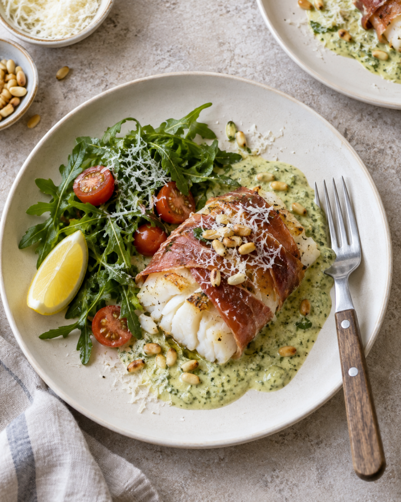 Ovnsbakt torsk med serranoskinke og kremet pesto