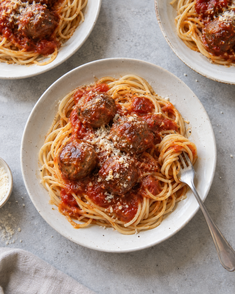 Pasta med saftige kjøttboller i tomatsaus og parmesan